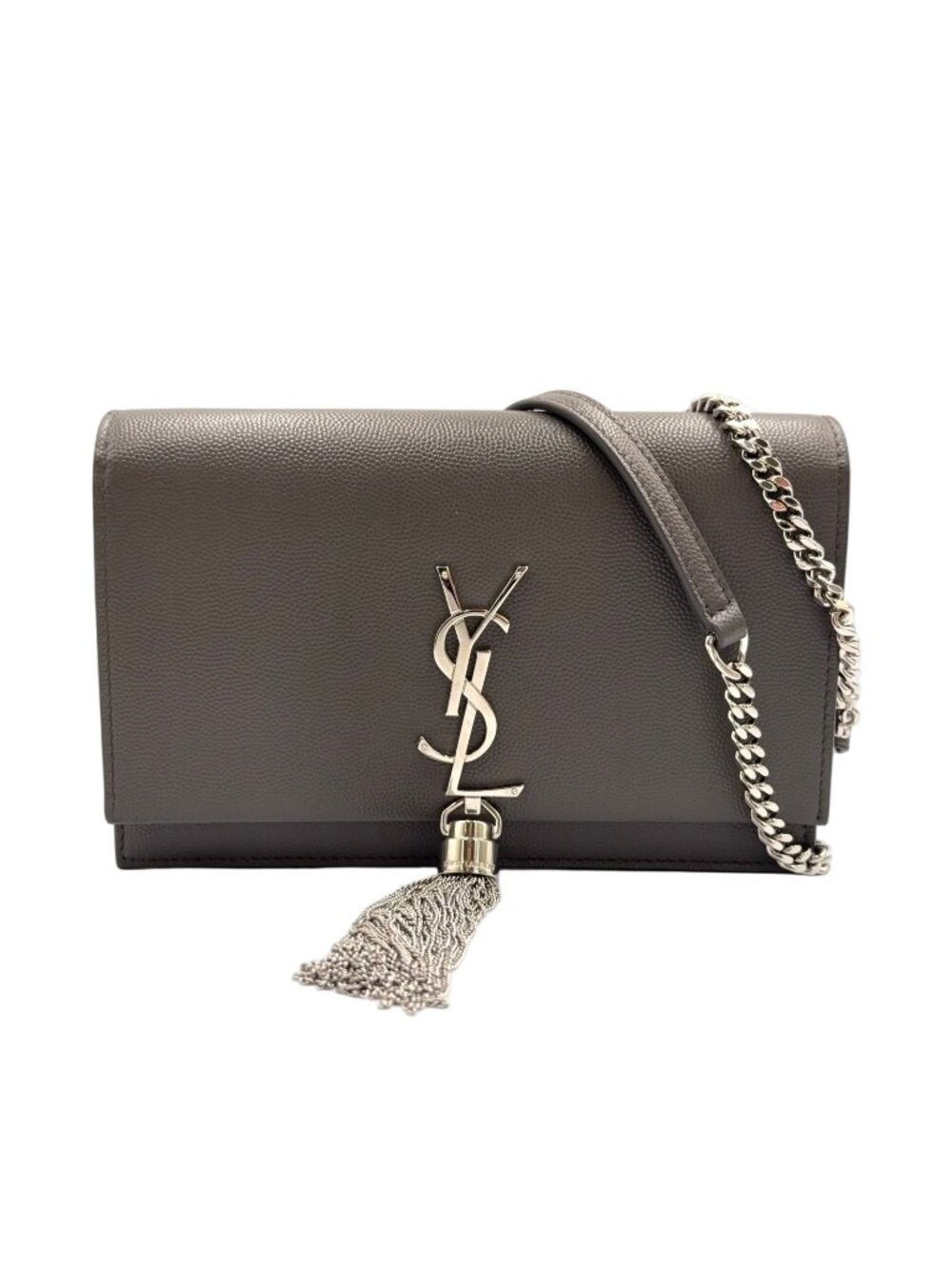Saint Laurent Paris Kate Tassel Chain Wallet Shoulder Bag Leather Gray Silver